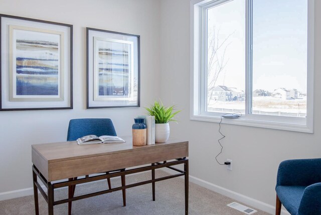 office space with carpet floors, visible vents, and baseboards