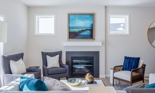 living room with a glass covered fireplace, baseboards, and wood finished floors