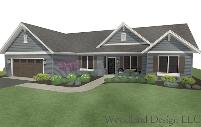 craftsman inspired home featuring driveway, covered porch, an attached garage, a shingled roof, and a front yard