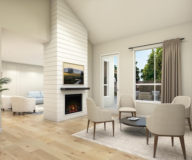 living area featuring wood finished floors, a fireplace, and high vaulted ceiling