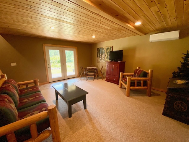 living room with a wall unit AC, french doors, light colored carpet, and wooden ceiling