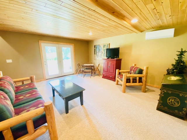 living room featuring an AC wall unit, french doors, carpet, and wood ceiling