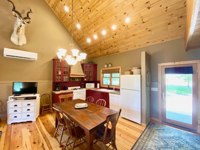 dining space featuring wooden ceiling, a notable chandelier, an AC wall unit, and light hardwood / wood-style floors