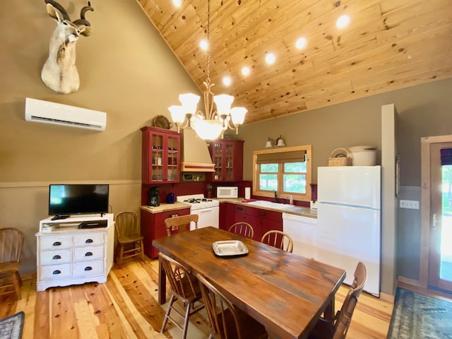 dining room featuring wooden ceiling, a notable chandelier, an AC wall unit, and light hardwood / wood-style floors