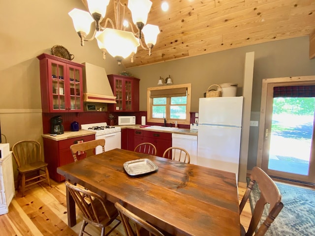 dining room with light wood-type flooring, wooden ceiling, sink, and an inviting chandelier