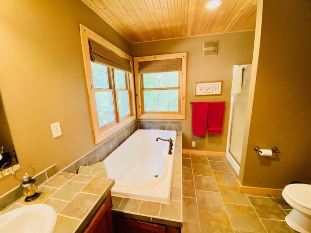 full bathroom with independent shower and bath, toilet, tile patterned floors, wooden ceiling, and vanity