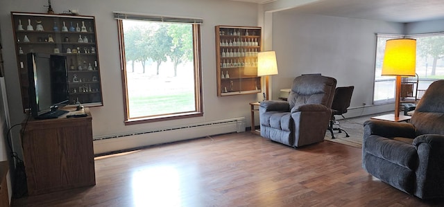 living room featuring hardwood / wood-style floors, a healthy amount of sunlight, and a baseboard radiator