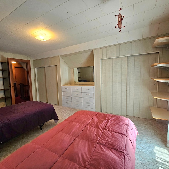 carpeted bedroom with wooden walls