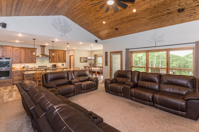 living room featuring high vaulted ceiling, light colored carpet, ceiling fan, and wooden ceiling