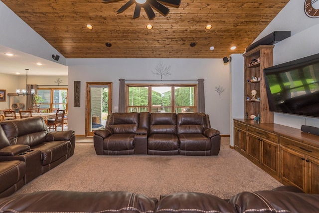 living room featuring vaulted ceiling, wooden ceiling, and carpet flooring