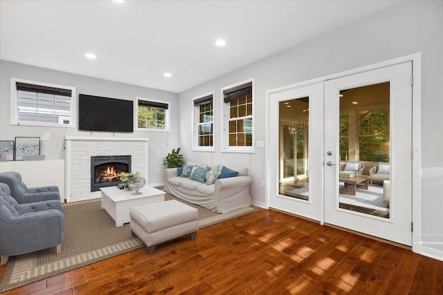 living room featuring french doors, a fireplace, and dark wood-type flooring