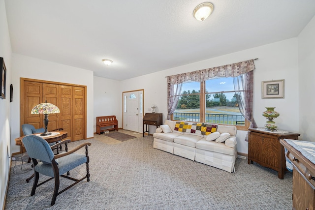 carpeted living room with a water view