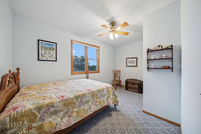 bedroom with light carpet and ceiling fan