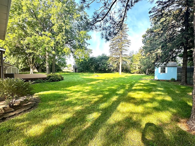 view of yard with an outdoor structure and a storage shed