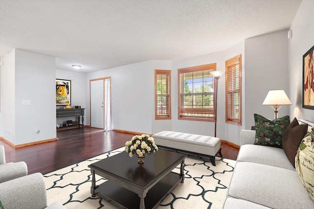 living room with a textured ceiling and dark hardwood / wood-style flooring