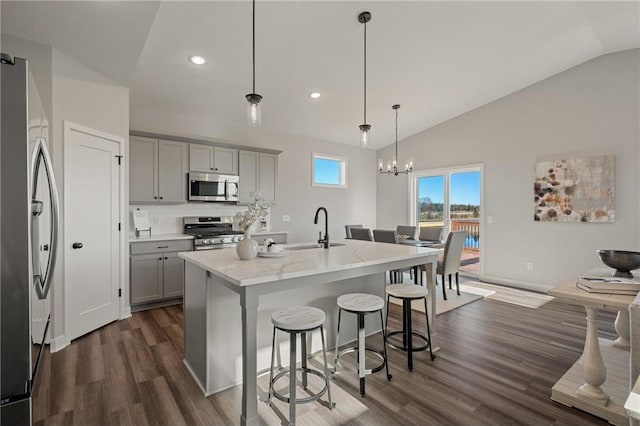 17041 Uranimite NW, Ramsey, MN 55303 - kitchen featuring appliances with stainless steel finishes, gray cabinets, vaulted ceiling, dark wood-style floors, and a breakfast bar area