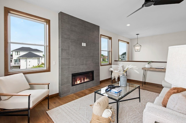 living room with wood-type flooring, ceiling fan, and a tiled fireplace