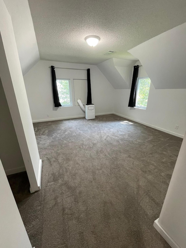 additional living space featuring a textured ceiling, vaulted ceiling, and dark carpet