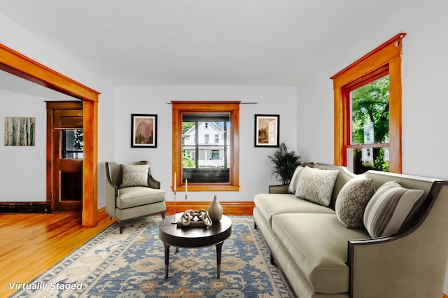 living room featuring a wealth of natural light and hardwood / wood-style floors