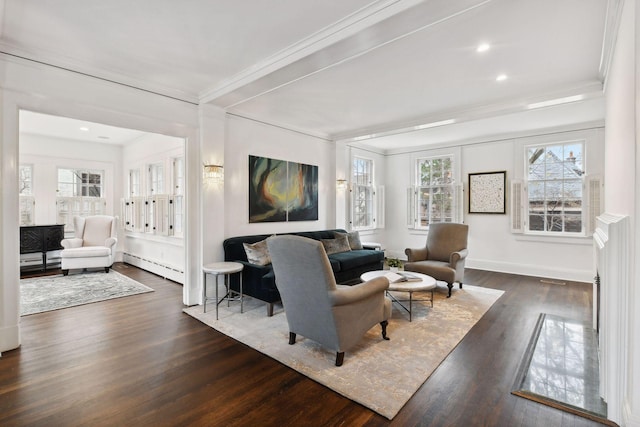 living room with dark hardwood / wood-style flooring, crown molding, and baseboard heating