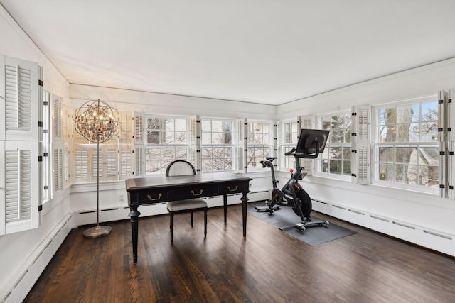 exercise room featuring hardwood / wood-style flooring and baseboard heating