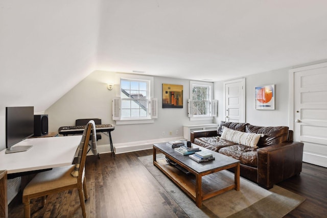 living room with lofted ceiling and dark wood-type flooring