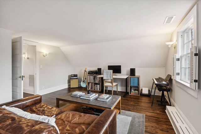 living room featuring dark wood-type flooring, a baseboard radiator, and lofted ceiling