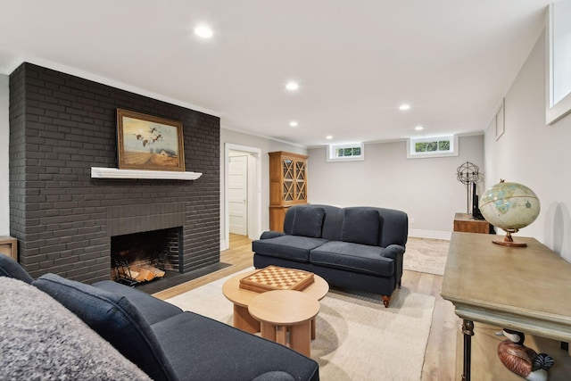 living room with a fireplace and light hardwood / wood-style flooring