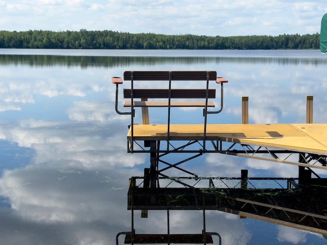 view of dock featuring a water view and a wooded view