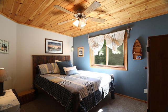 carpeted bedroom featuring baseboards and wood ceiling