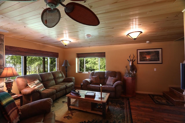 living room featuring wooden ceiling, baseboards, ceiling fan, and wood finished floors