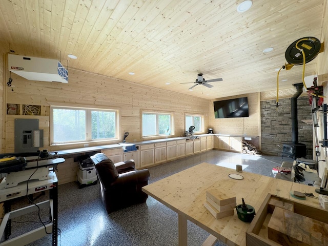 living room with a wood stove, wooden ceiling, wooden walls, ceiling fan, and electric panel
