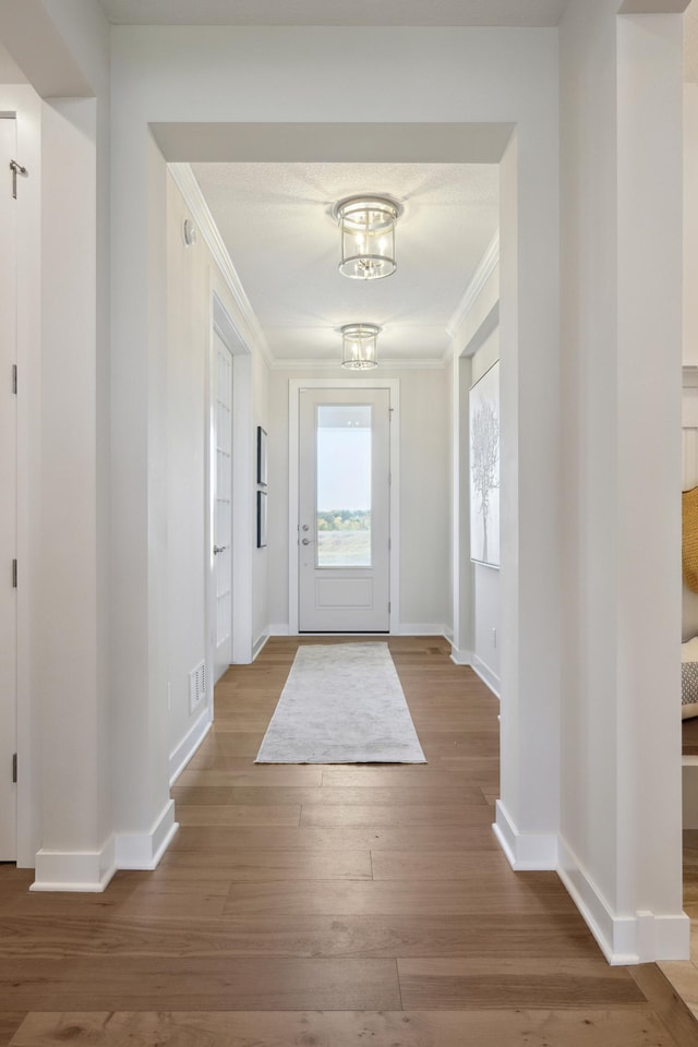 foyer with crown molding and wood-type flooring