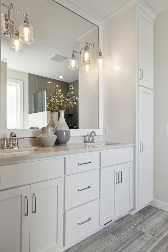 bathroom with vanity and wood-type flooring