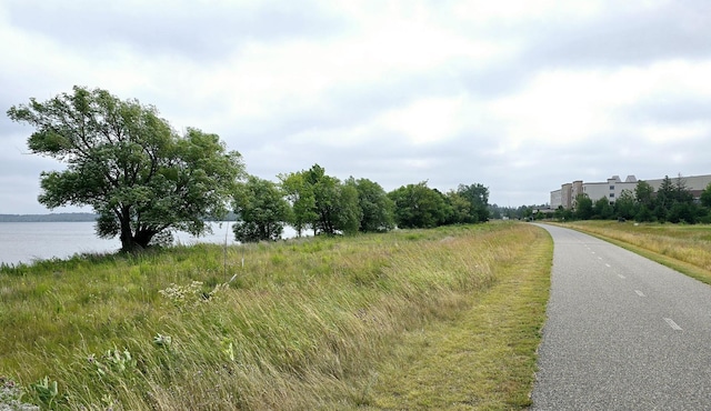 view of street with a water view