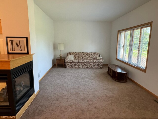 sitting room with a multi sided fireplace and carpet