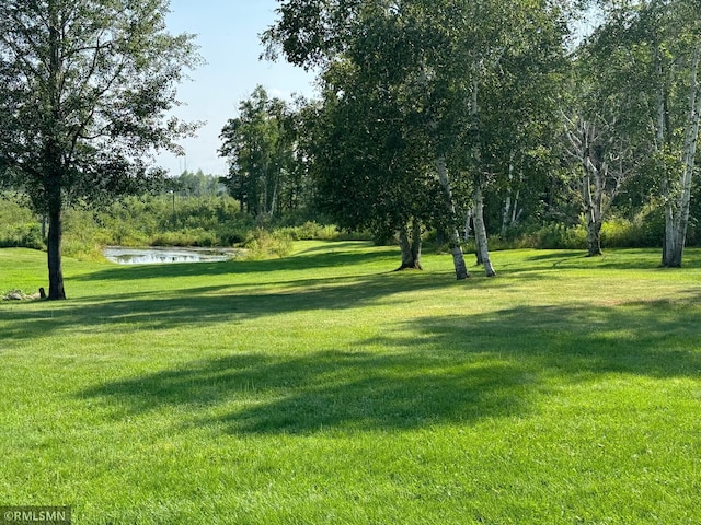 view of community featuring a water view and a lawn