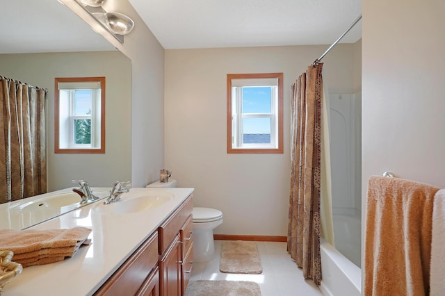 full bathroom featuring shower / tub combo, tile patterned flooring, vanity, and toilet