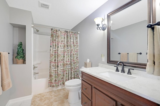 full bathroom with tile patterned flooring, vanity, toilet, and shower / bath combination with curtain