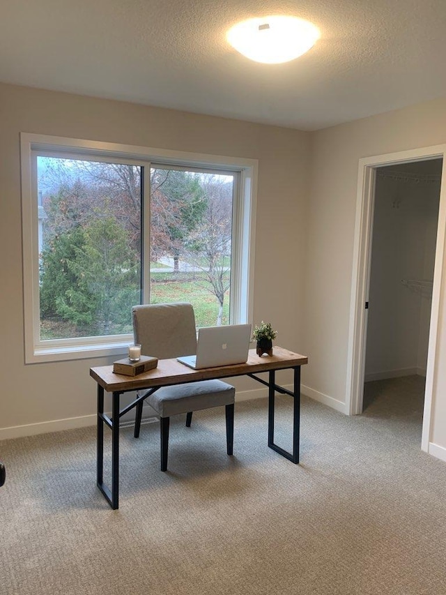 carpeted home office featuring a textured ceiling