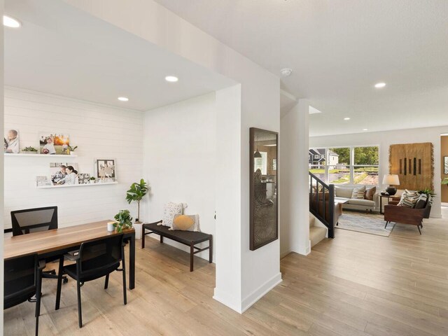 office with light wood-style floors, recessed lighting, and baseboards