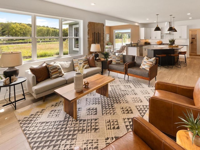 living room with a wealth of natural light, sink, and light wood-type flooring