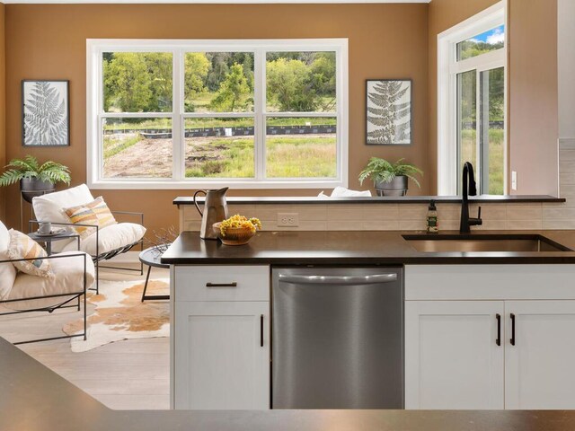 bar featuring stainless steel dishwasher, a sink, plenty of natural light, and tasteful backsplash