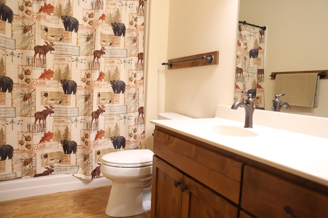 bathroom with hardwood / wood-style flooring, toilet, and vanity