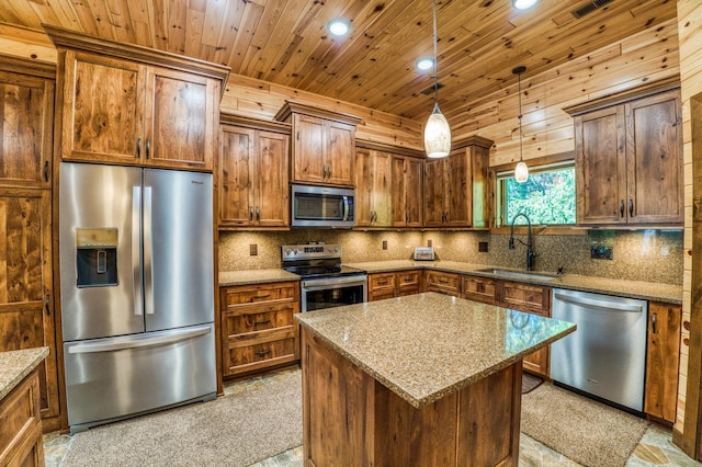 kitchen with tasteful backsplash, appliances with stainless steel finishes, wood ceiling, and a sink