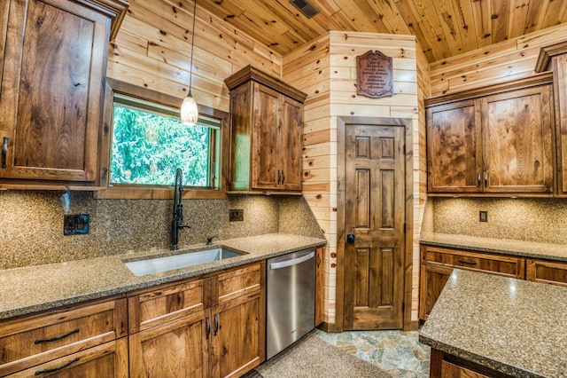 kitchen with stone countertops, a sink, wood ceiling, stainless steel dishwasher, and tasteful backsplash