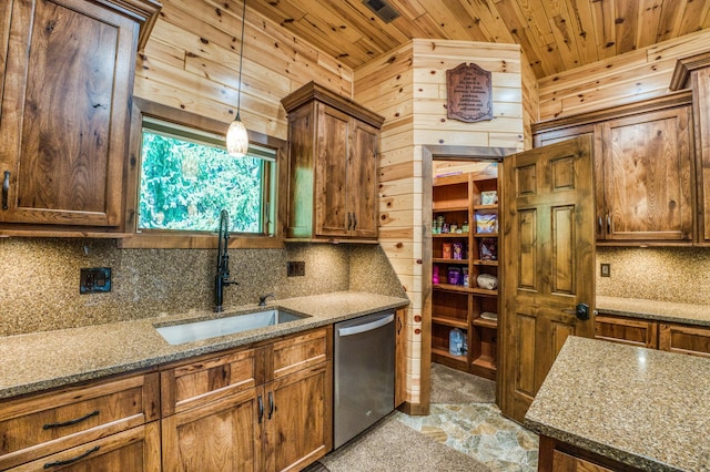 kitchen featuring a sink, stone counters, stainless steel dishwasher, and wooden ceiling