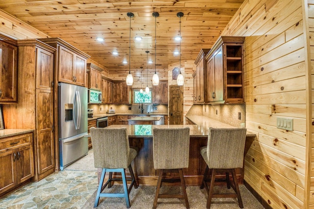 kitchen featuring appliances with stainless steel finishes, light stone countertops, wooden ceiling, and open shelves