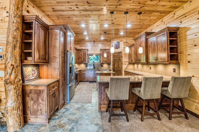 kitchen featuring open shelves, stainless steel fridge with ice dispenser, wood ceiling, and a peninsula