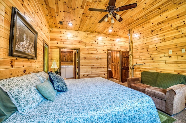 carpeted bedroom with wooden walls and wood ceiling